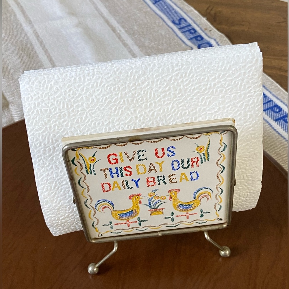 Vintage Ceramic Tile Napkin Holder Chickens Rooster Our Daily Bread prayer Japan